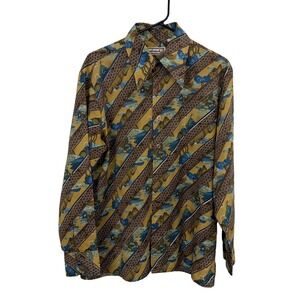 Landmark Shirt Mens Medium Mustard Yellow Brown Scenic Landscape Print Vintage *